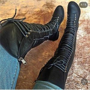 PU lace-up knee thigh high boots